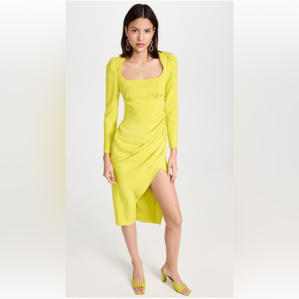 Self Portrait Yellow Crepe Ruched Midi Dress with Tags